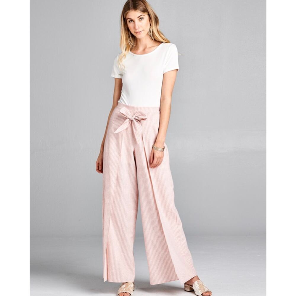 Pink White Palazzo Pants Stripes Tie Wrap Waist Flowy Boho Women Large